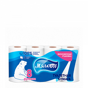 Туалетная бумага "Мягкоff" 17,28м, 8 рулонов, 3 слоя, белая арт. ФР-00012656 